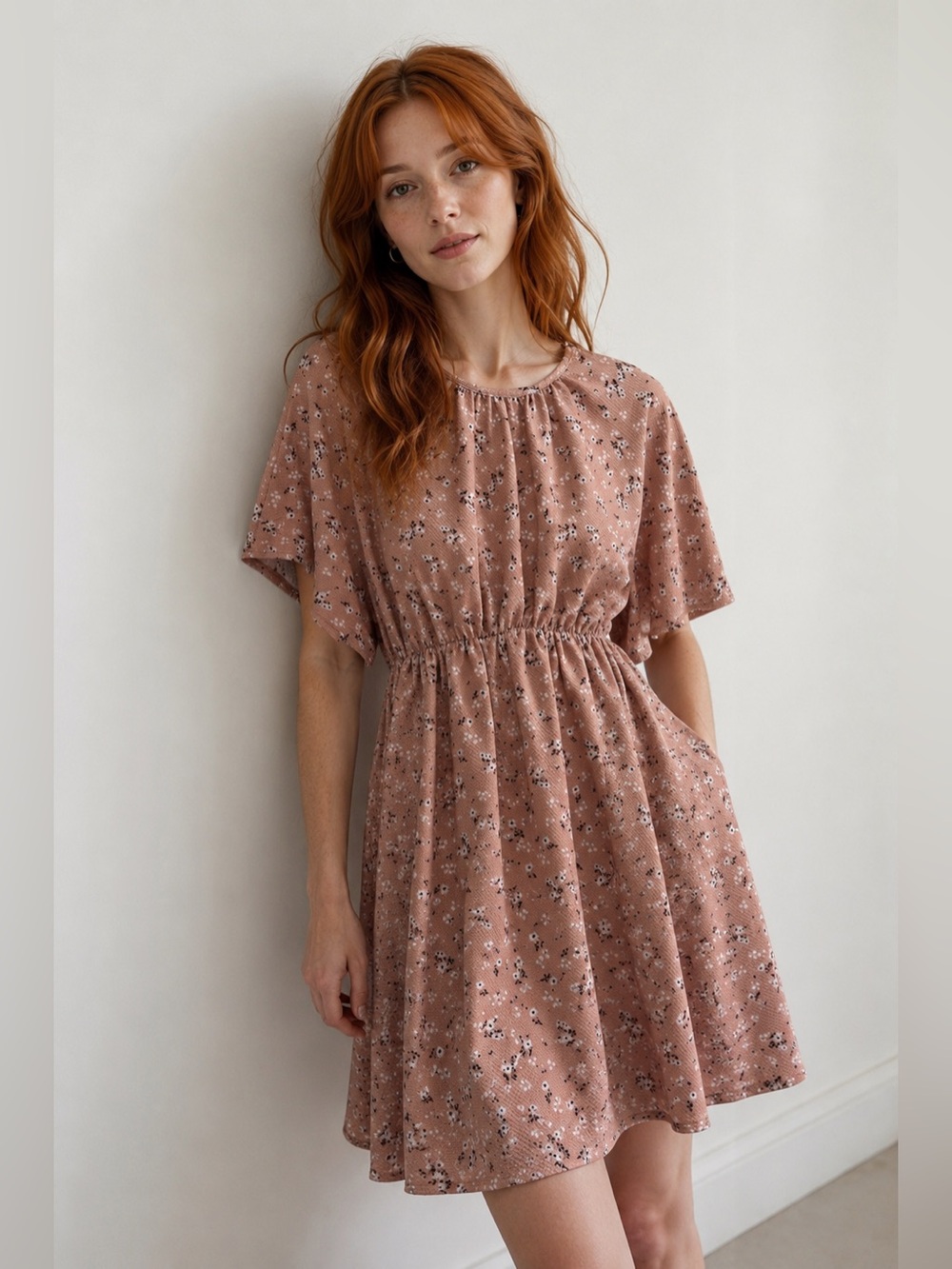 ASOS DESIGN Floral Elastic-Waist Blush Pink Dress